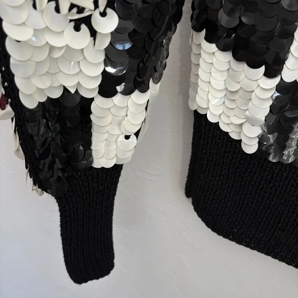Vintage Sequin Sweater Women Size Small? Black White Checkered Hand Knit Wool - Picture 9 of 11